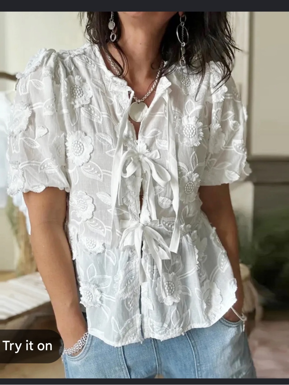 Embroidered Tie-Front White Women's Top